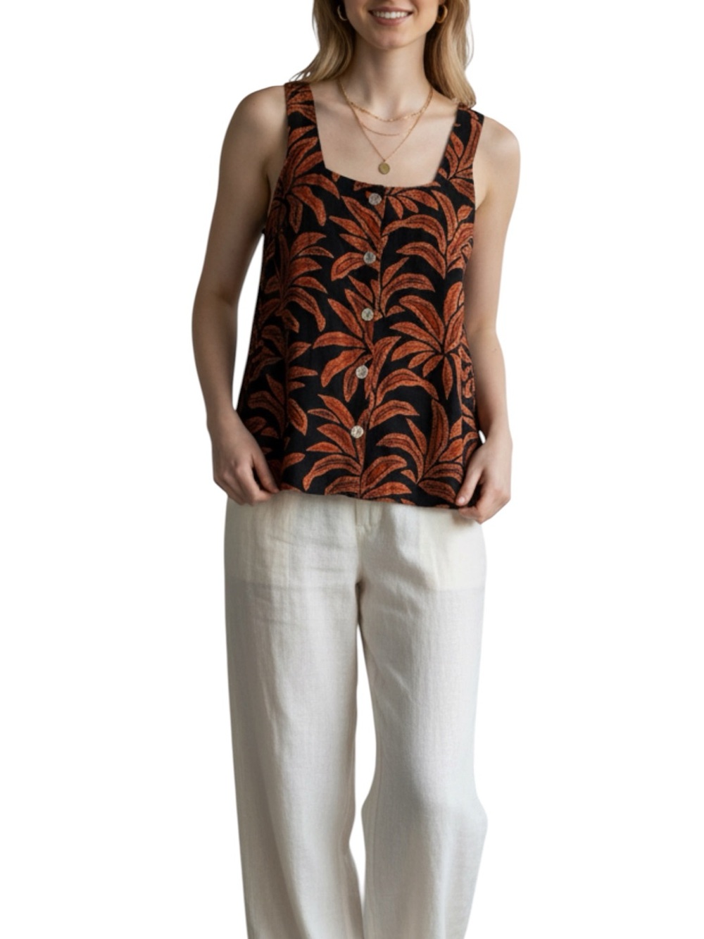 Rachel Zoe Black/Rust Tropical Button Front Square Neck Linen Tank Top